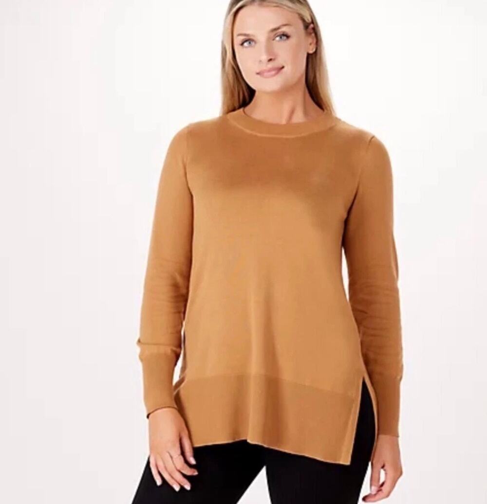 Jason Wu Tan Fine Gauge Tunic Sweater Large Crewneck Split Sides